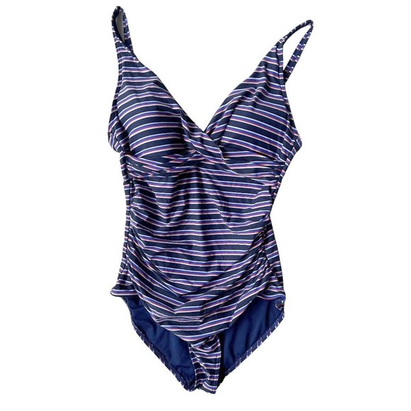 NipTuck Swim Swimsuit Size 8 Sailor Stripe One Piece Navy Red Tummy Cont… - Picture 1 of 12
